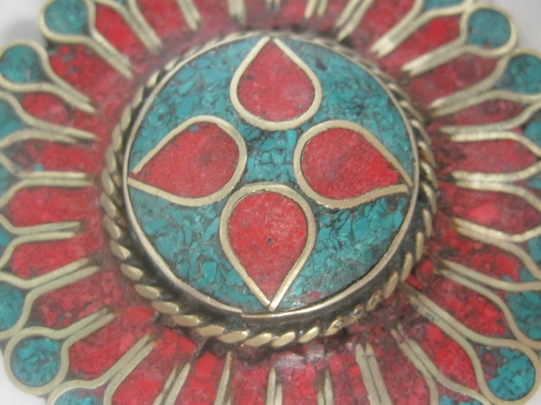 Tibetan Style Pendant with Inlays of Turquoise & Coral - 2