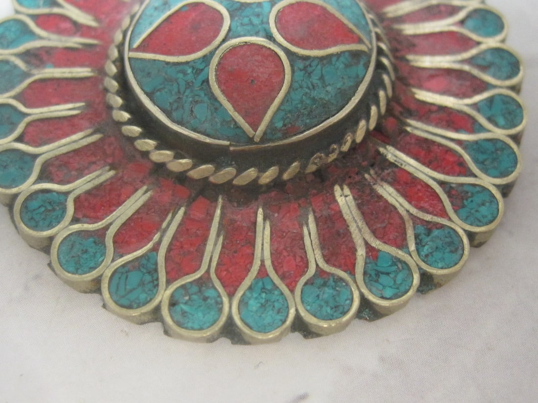 Tibetan Style Pendant with Inlays of Turquoise & Coral - 3
