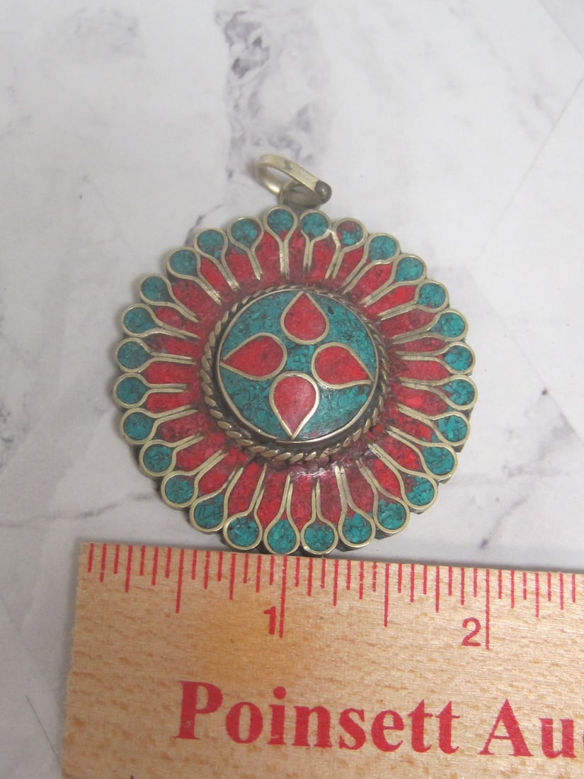 Tibetan Style Pendant with Inlays of Turquoise & Coral - 5