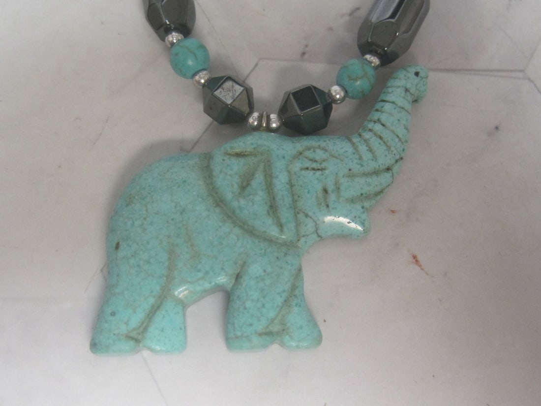 18" Hematite Bead Necklace with Turquoise Look Elephant Pendant - 2