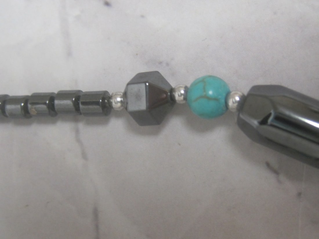18" Hematite Bead Necklace with Turquoise Look Elephant Pendant - 3