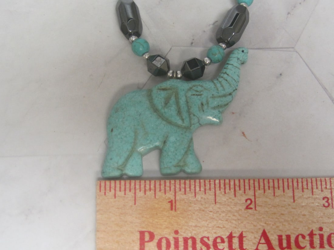 18" Hematite Bead Necklace with Turquoise Look Elephant Pendant - 5