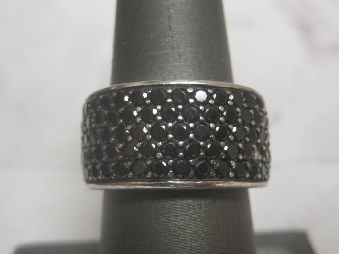 Sterling Silver Black Spinel Wide Band: Weighs 7.7 grams, Size 8, Missing 1 stone