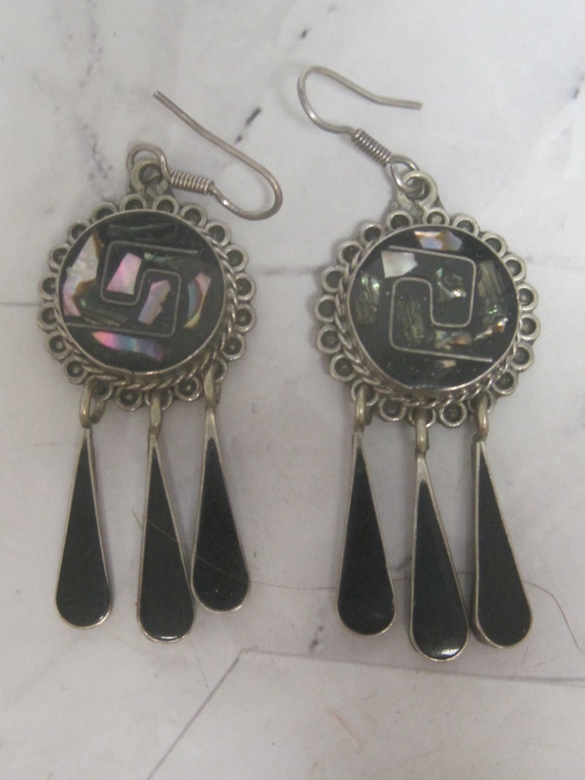 Sterling Silver Mother of Pearl & Onyx Southwestern Style Earrings: Weighs 12.8 grams