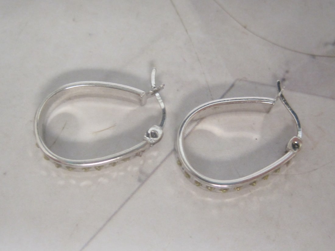 Sterling Silver Oval Hoop Earrings with CZ Stones - 2