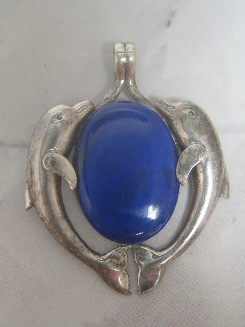 Sterling Silver Dolphin Pendant with Blue Stone: Weighs 9.2 grams