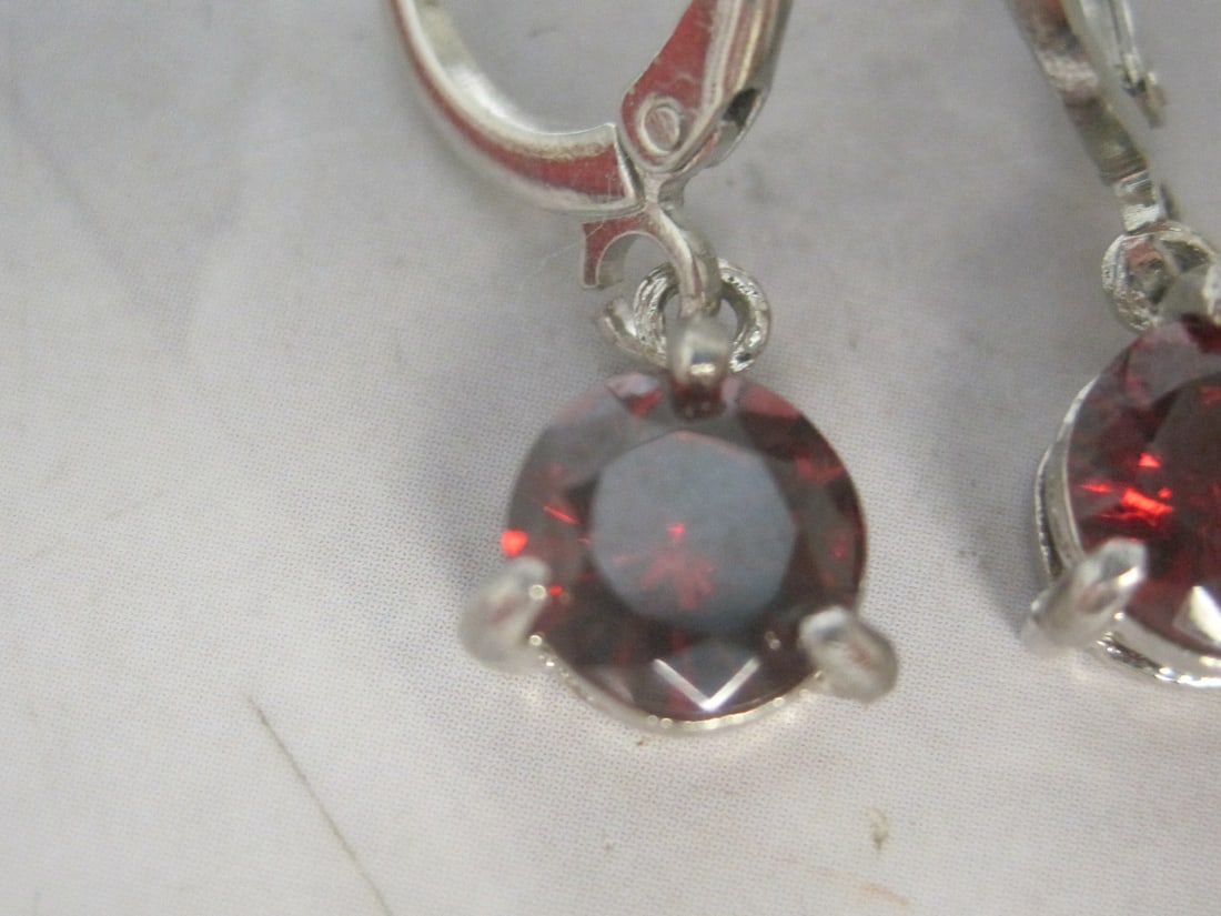 Sterling Silver Leverback Earrings with Red Stones - 2