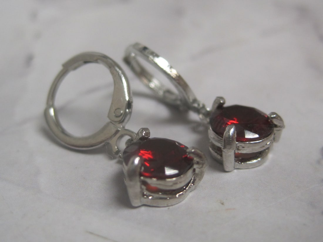 Sterling Silver Leverback Earrings with Red Stones - 3