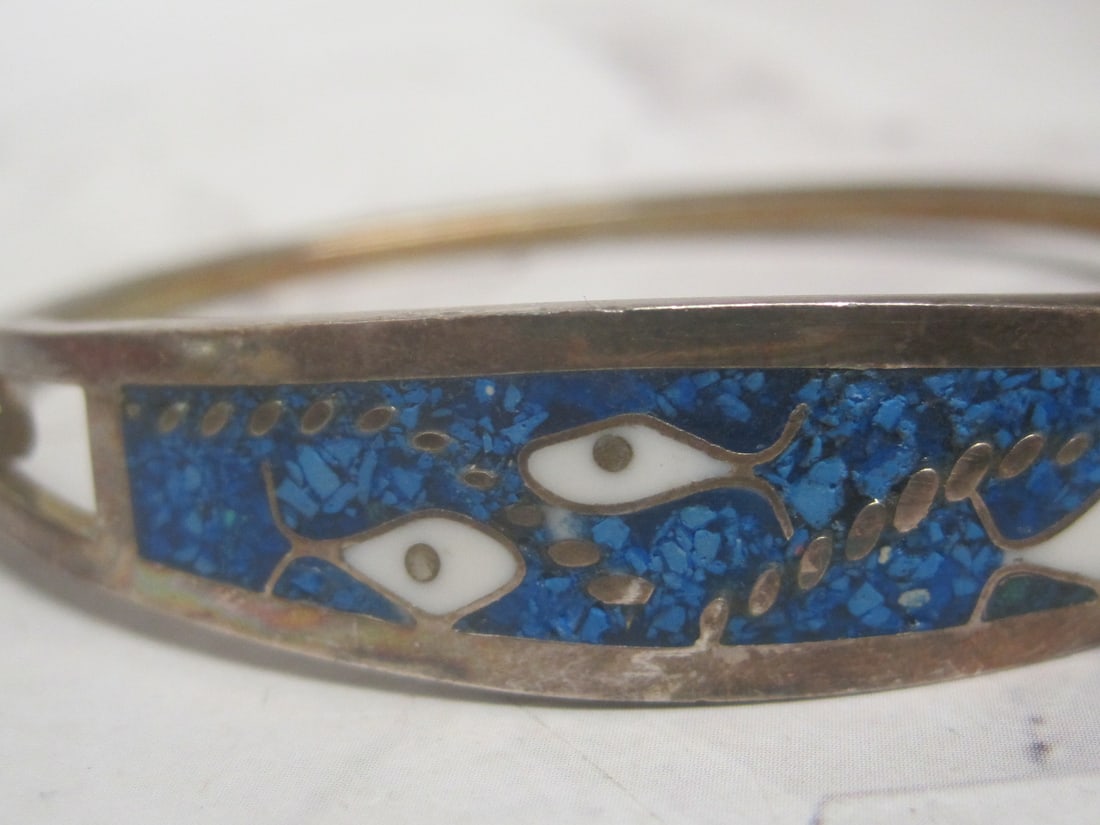 Mexican Alpaca Cuff Bracelet with Inlaid Crushed Turquoise - 2