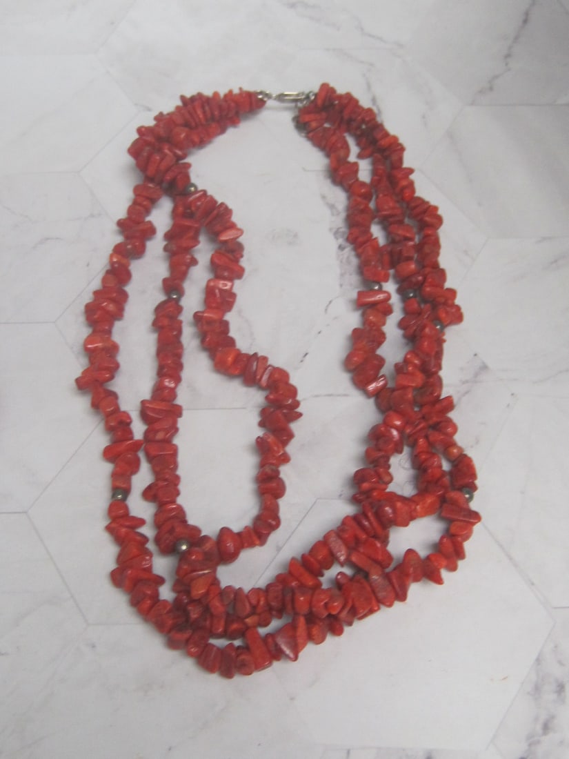 22" Triple Strand Coral Necklace with Sterling Silver Clasp: .