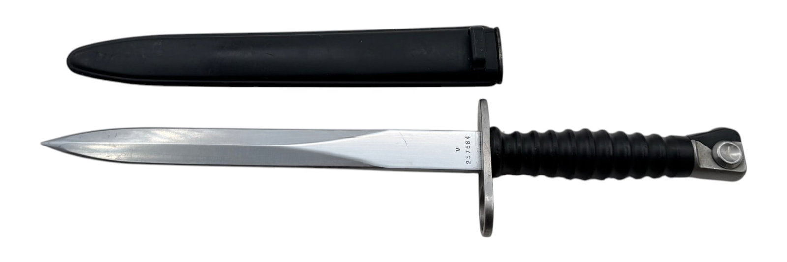Swiss Military SIG M57 Bayonet with Scabbard by Victorinox: Knife bayonet for use on the renowned 7.5 mm Sturmgewehr 57 (STGW-57) made by SIG. Blade measures approximately. 9.5” and overall length measures 14.5”.