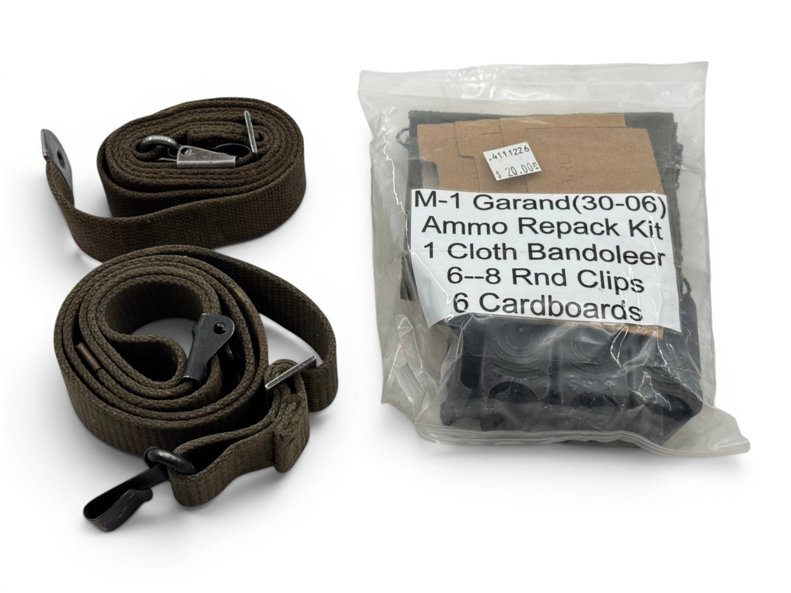 (2) M1 Garand Slings & Ammo Repack kit: Kit includes 1 Cloth Bandoleer, (6) 8rd. Enbloc clips, and 6 Cardboard covers for clips going in bandoleer