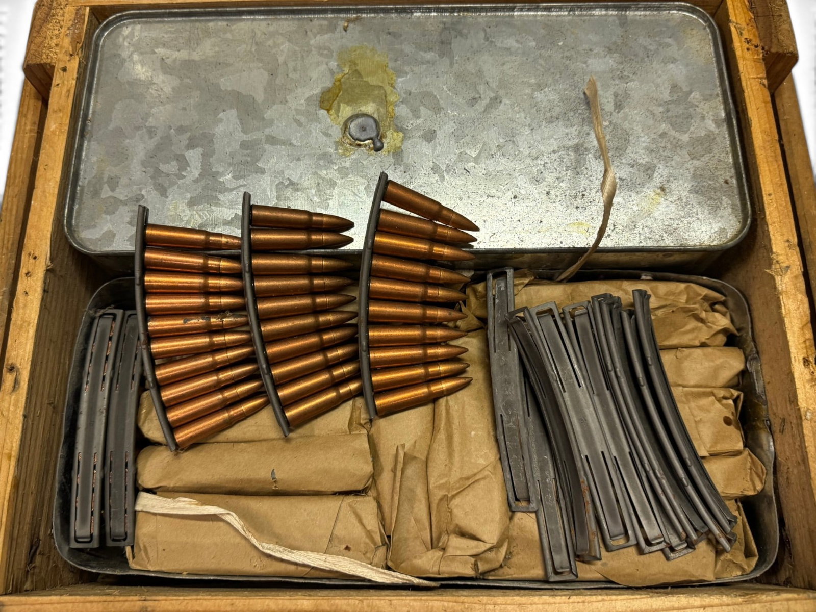 970rds. of 7.62x39mm 123gr. Copper Washed Ammunition in Spam Cans / Wood Crate on Stripper Clips - 2