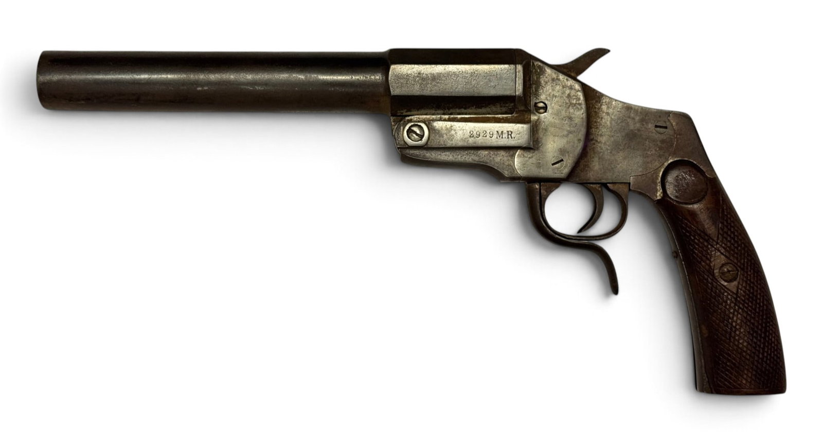 Rare WWI German Imperial “Marine Regiment” Hebel Model 1894 26.5mm Signal Flare Pistol: This is a scarce Marine Regiment (navy) stamped flare pistol. On the left side it’s marked “2929 M.R.” And on the right side is Electropenciled “R1666”. You also can see