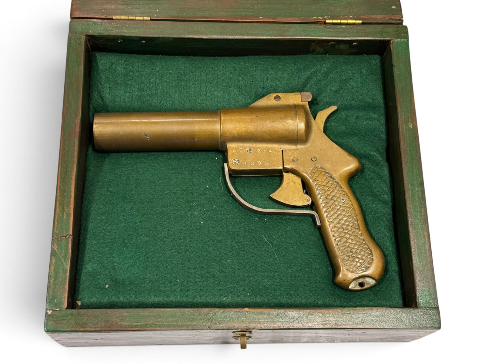 Rare WWII 1944 USN SKLAR 37mm Brass Signal Flare Gun a/ Wood Locker Box - 2