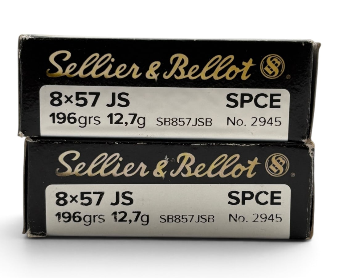 NIB 36rds. of 8x57 JS 196gr. SPCE Sellier & Bellot Ammunition: 1 Full box of 20 rounds and 1 Partial box of 16rds.