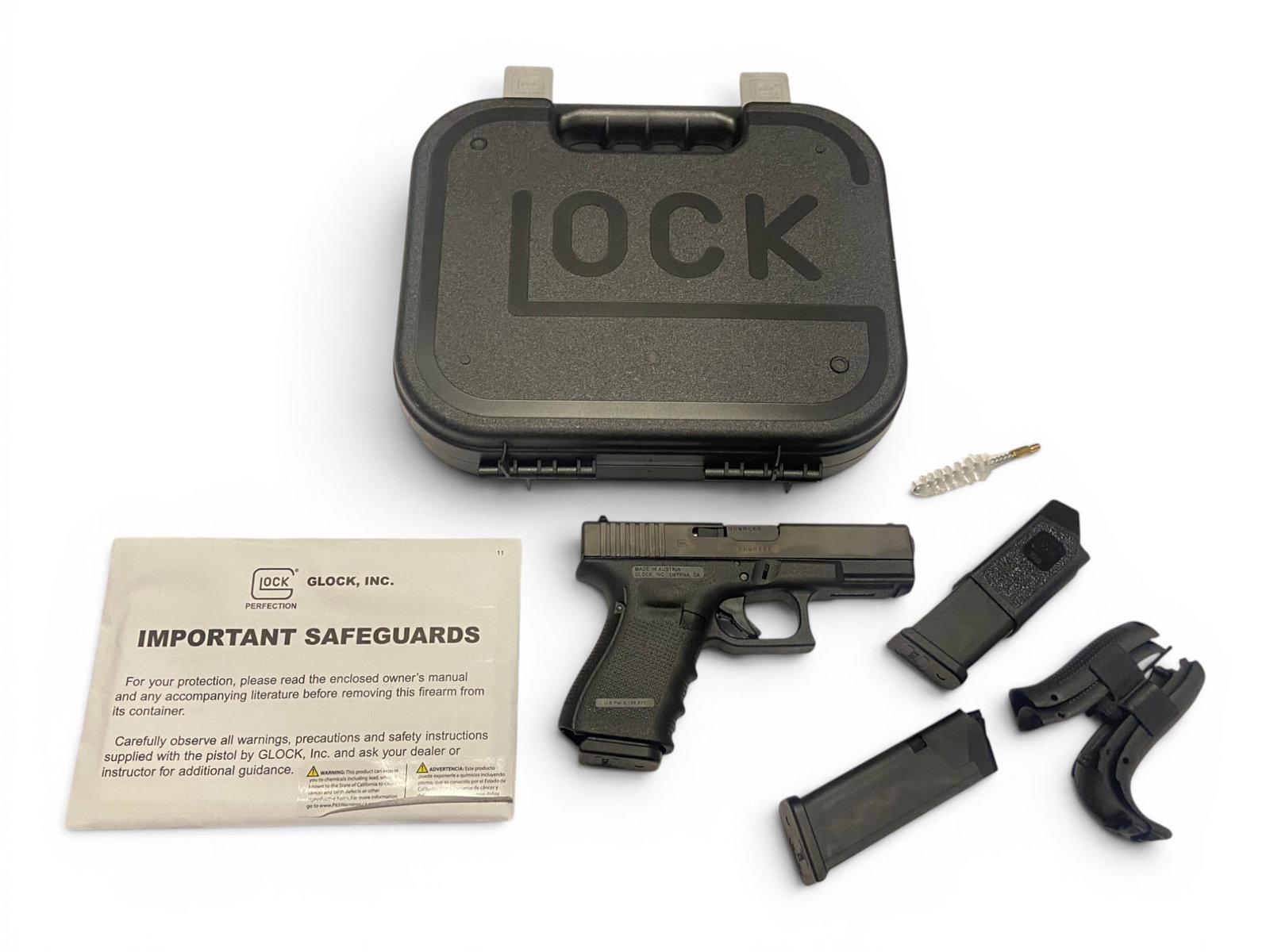 Excellent Austrian Glock 19 Gen 4 Semi-Automatic 9mm Pistol in Case w/ 3 Mags: S#: BHWM666, matches on frame, slide and barrel | Comes in matching hard case with paperwork, cleaning brush, (2) sets of grip panels and (3) 15rd. magazines |||| CONDITION: Excellent. 95% original fi