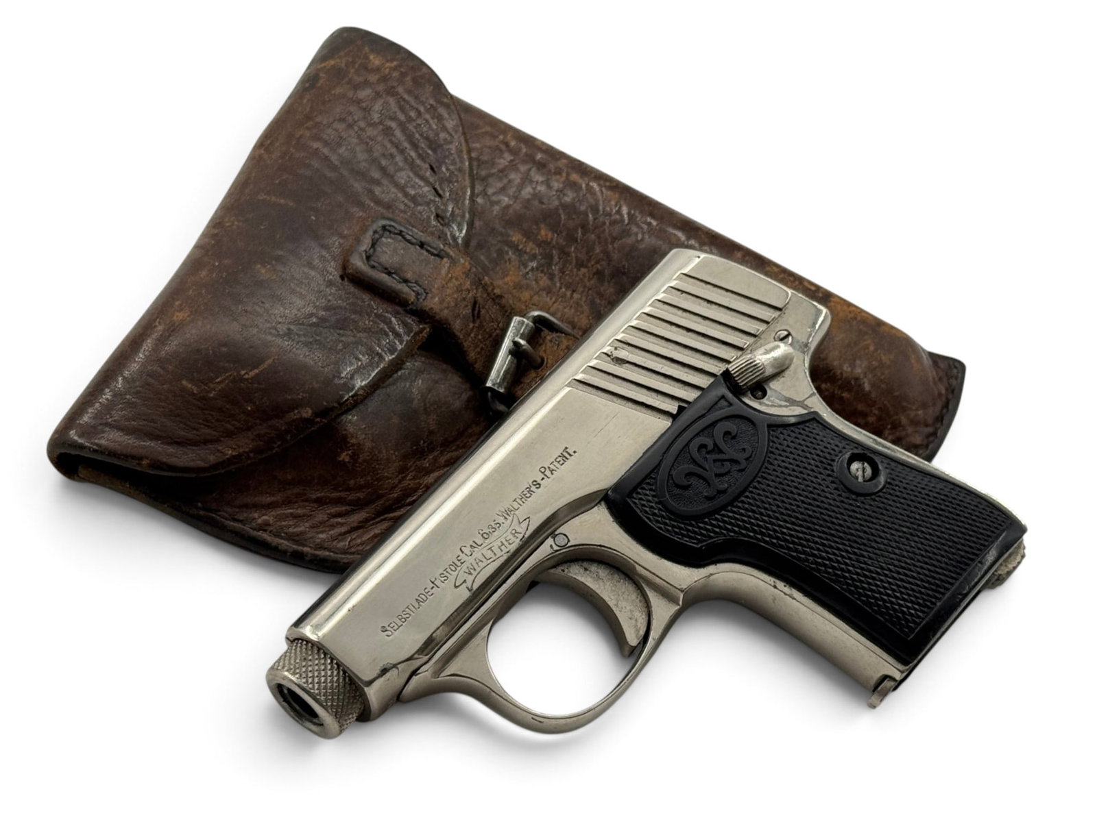 Excellent Walther Model 2 Nickel Semi-Automatic 6.35MM Pocket Pistol with Holster: S# 37880, Matching on underside of slide | 2" Barrel | Comes with (1) Magazine and Leather Holster |||| CONDITION: Excellent. Retaining 95% Original Nickel Finish. Finish wear on Extractor and scatter