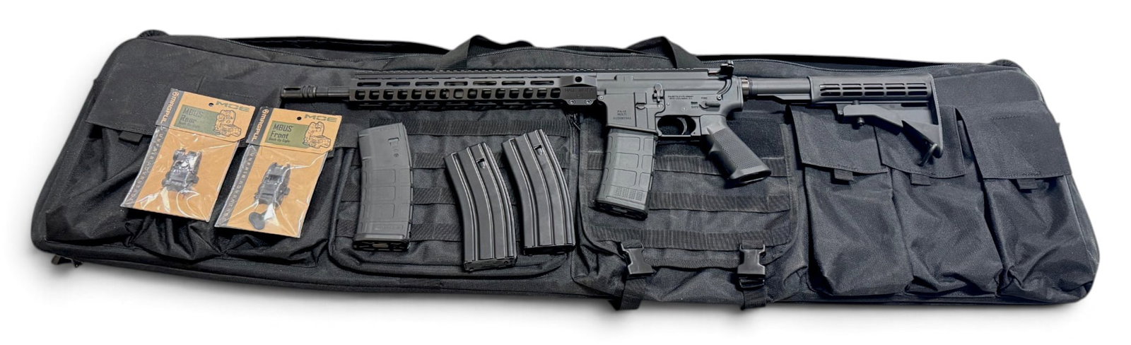Excellent PSA PA-15 Semi-Automatic 5.56mm 16" AR-15 Rifle w/ Carry Case, 4 Magazines + Backup Sig...: S#: SCD087543 | 16" Barrel | Magpul MBUS Front & Rear Flip-Up Sights | (2) Magpul 30-rd. PMAGS | (2) PSA Brand Metal Magazines | Everything comes in a Johnson 2-Gun Soft Case |||| CONDITION: Excellent