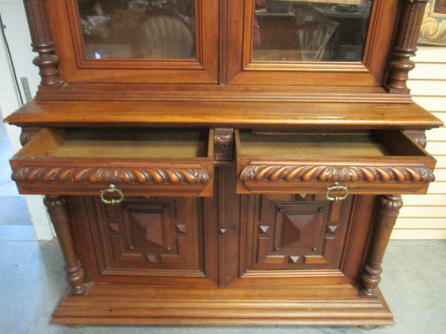 Impressive Antique Renaissance Revival 2 Piece Library Bookcase Cabinet - 19