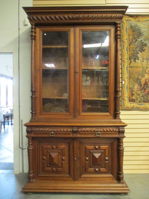 Impressive Antique Renaissance Revival 2 Piece Library Bookcase Cabinet (1 of 20)