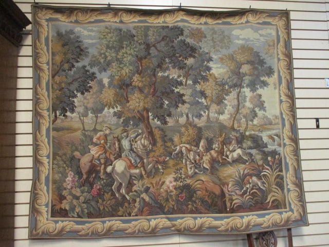 Big Game Hunt Scene French Tapestry Wall Hanging: 72" x 67", monochromatic color scheme, per consigner rare French tapestry
