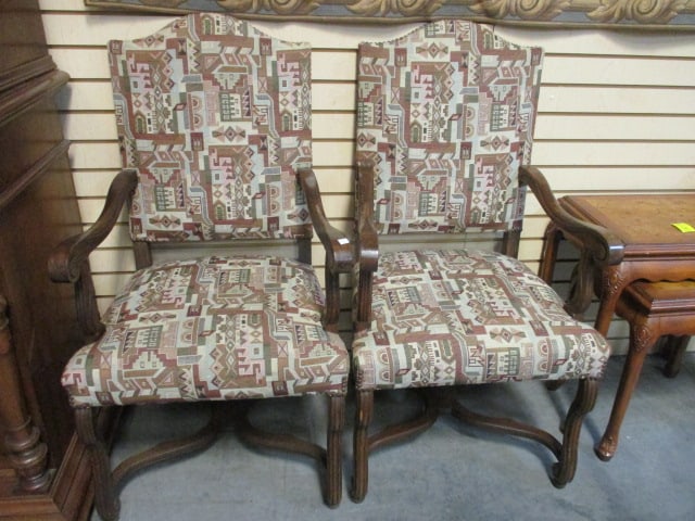 Pair of Carved Wood Tapestry Covered Library Chairs with Nail Heads: 22"w, Local Pickup Only