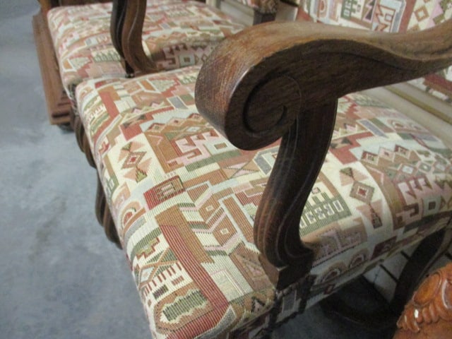 Pair of Carved Wood Tapestry Covered Library Chairs with Nail Heads - 4