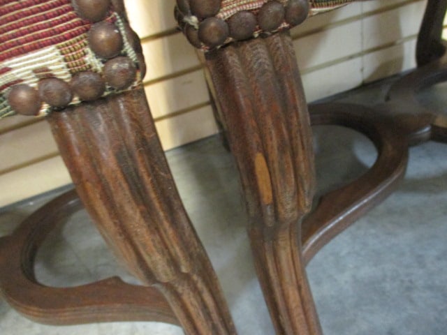 Pair of Carved Wood Tapestry Covered Library Chairs with Nail Heads - 6