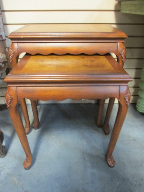 2 Piece Carved French Provencial Style Nesting Tables with Burlwood Accents: 18 1/2" x 13 1/2" x 20 1/2", 22 1/2" x 15" x 24 1/4", Local Pickup Only