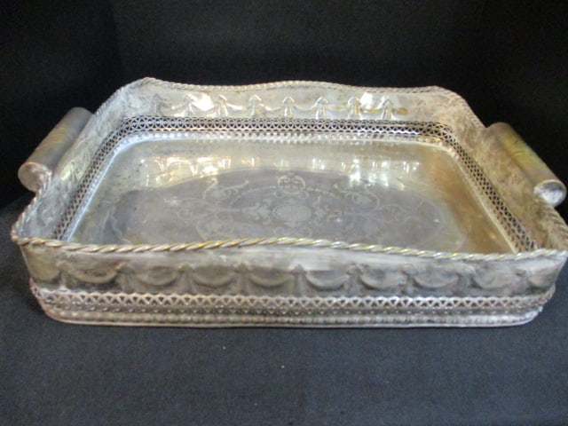 Large Vintage Castilian Imports Embossed Silverplated Serving Tray: 24" w handle to handle x 15 1/2" x 4 3/4", made in India, some finish wear