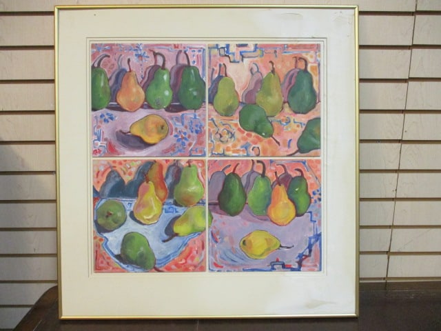 Elizabeth "Pears and Shadows" Acrylic on Paper Original 4 Panel Artwork: Framed and matted 27" x 28", each panel is signed in lower left corner, signed and titled on back, does not have glass