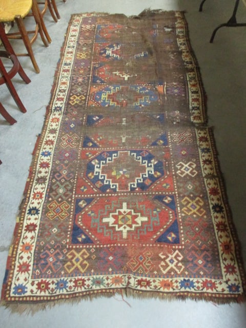 Antique Hand Knotted Persian Inspired Tribal Wool Rug/Runner: approx. 46" x 108", well worn condition and some holes-see pictures and preview for condition