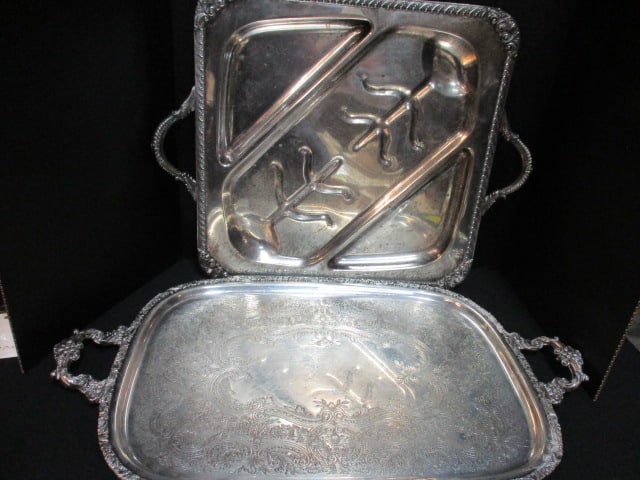 Vintage Silverplated Victorian Serving Tray and 3 Part Well and Tree Meat Platter: .
