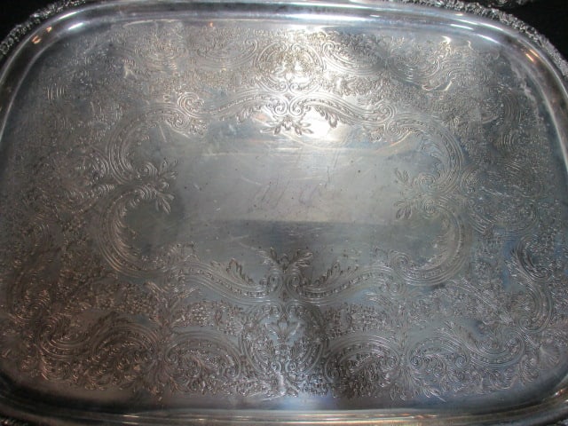 Vintage Silverplated Victorian Serving Tray and 3 Part Well and Tree Meat Platter - 3
