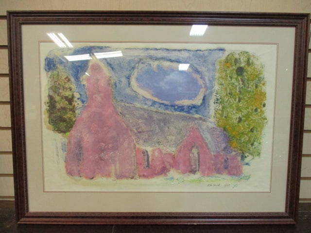 Rita Smith Pencil Signed, Dated and Numbered 1/1 Screen Print of Church Landscape: Framed and matted 29 3/4" x 21 3/4"