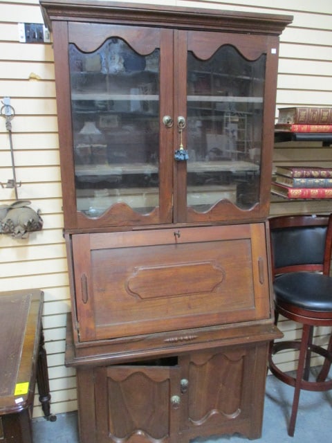 Vintage 2 Piece Drop Down Front Secretary Bookcase: Base 39" x 18" x 25 1/2", Top 35 1/2" x 17" x 53 1/2", Needs some TLC and repairs-see pictures and preview for condition, Local Pickup Only