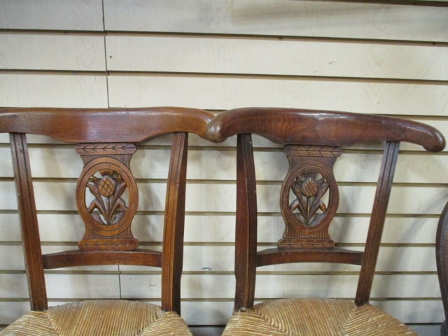 Four Vintage Pineapple Medallion Back Splat Tiger Oak Side Chairs with Rush Seats - 3