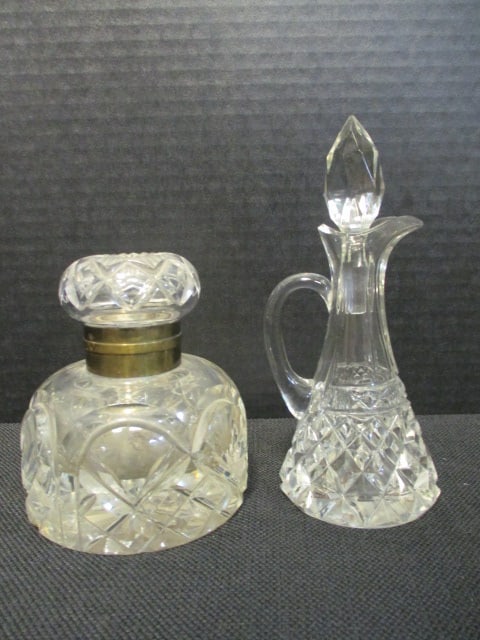 Vintage Crystal Cruet and Inkwell Bottle with Brass Neck Ring: Cruet 6 1/2"h, Inkwell 4 1/4"