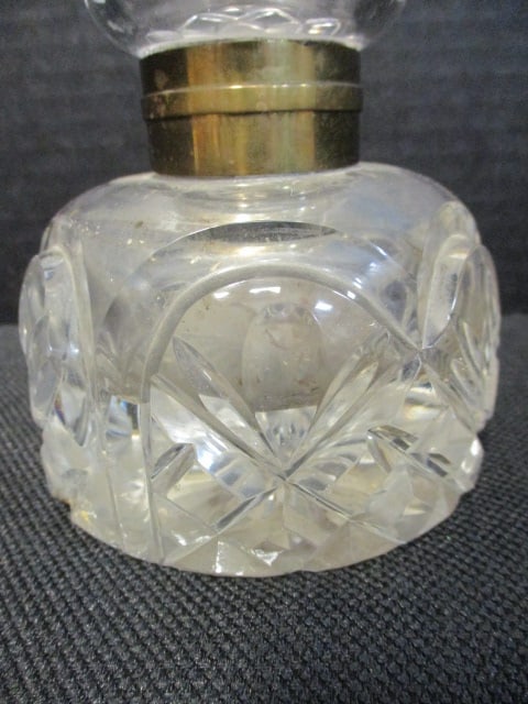 Vintage Crystal Cruet and Inkwell Bottle with Brass Neck Ring - 5