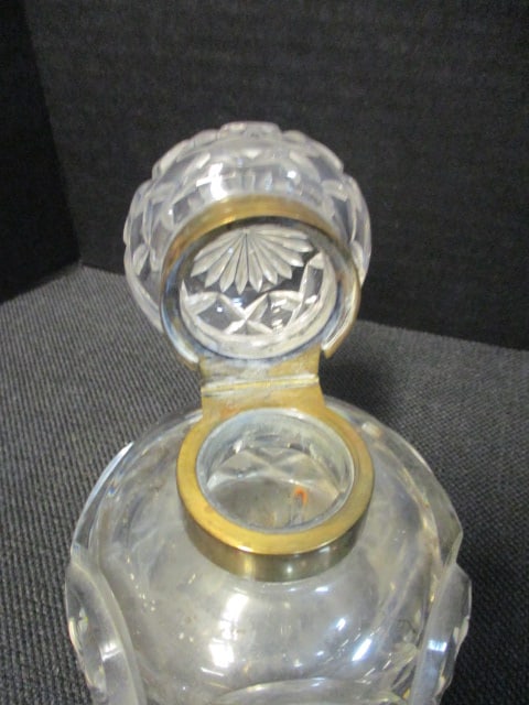 Vintage Crystal Cruet and Inkwell Bottle with Brass Neck Ring - 7