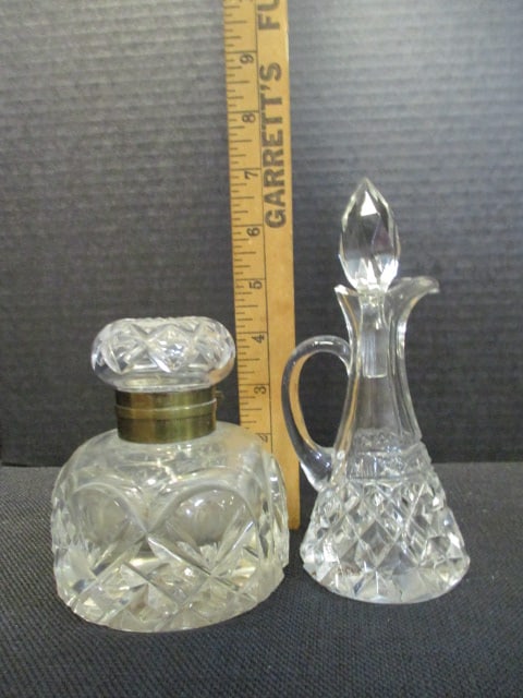 Vintage Crystal Cruet and Inkwell Bottle with Brass Neck Ring - 8