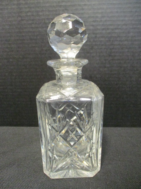Crystal Decanter with Faceted Globe Stopper: 10"h