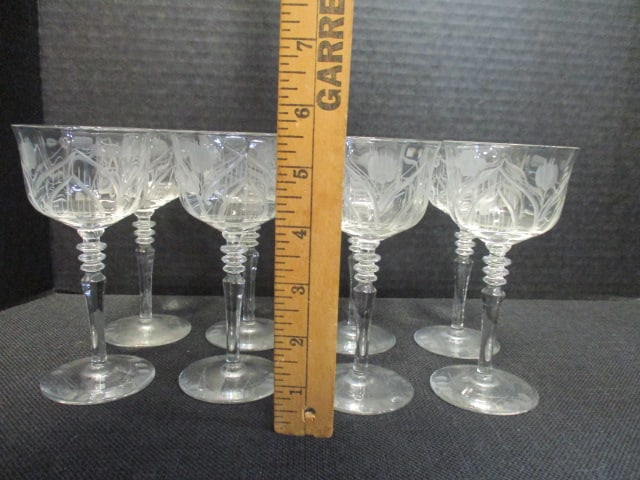 Eight Etched Crystal Port Wine Stems - 7