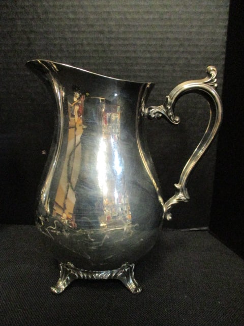 Matching Pattern Silverplated Creamer, Sugar Bowl and Two Footed Pitchers with Ice Lips - 2