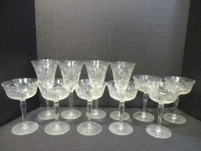 Elegant Glass Etched Crystal Champagnes and Wine Glasses (1 of 7)