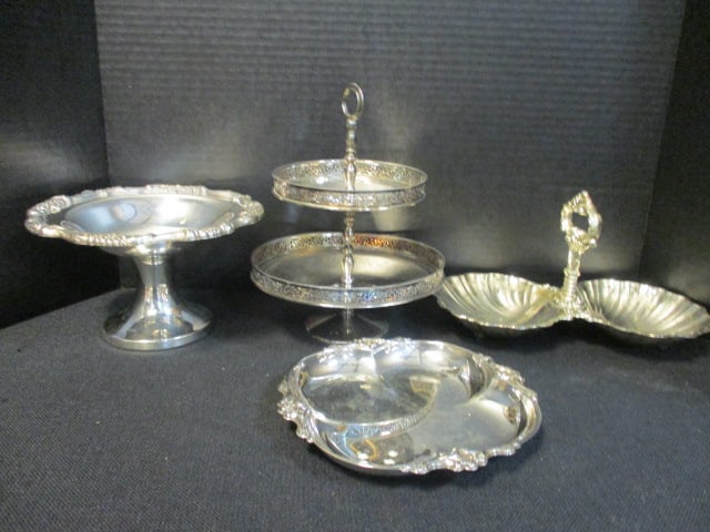 Silverplated Tiered Snack Tray, Compote, Handled Shell Nut/Candy Dish and Bonbon Dish: .