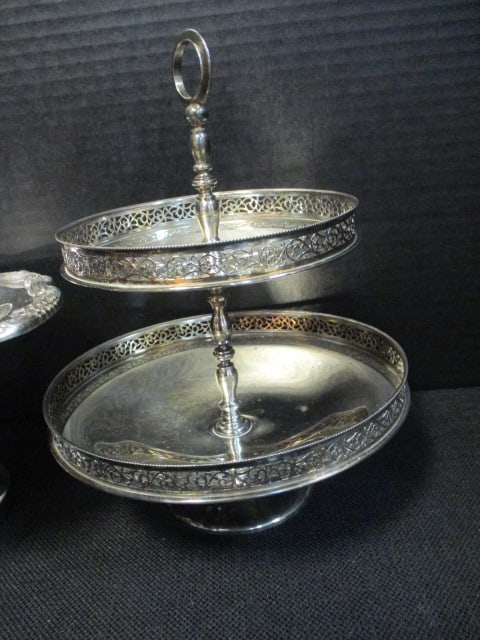 Silverplated Tiered Snack Tray, Compote, Handled Shell Nut/Candy Dish and Bonbon Dish - 6