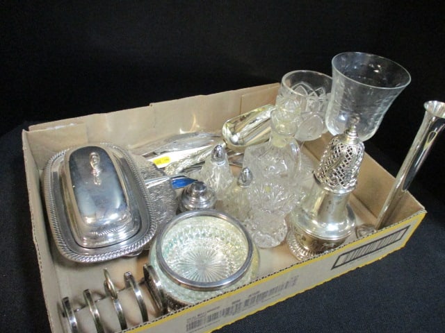 Silverplated Butter Dish, Serving Flatware, Toast Stand, Bud Vase, Shakers, Crystal Stems, etc.: .