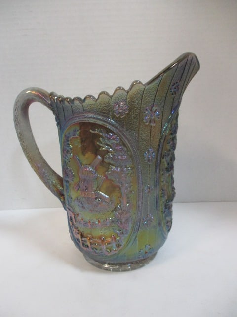 Imperial Glass Iridescent Carnival Glass Pitcher: 8 1/2"h, clear base glass